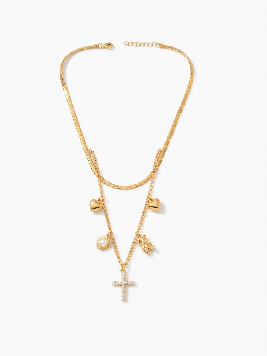 Collana due fili con orsetto e croce
