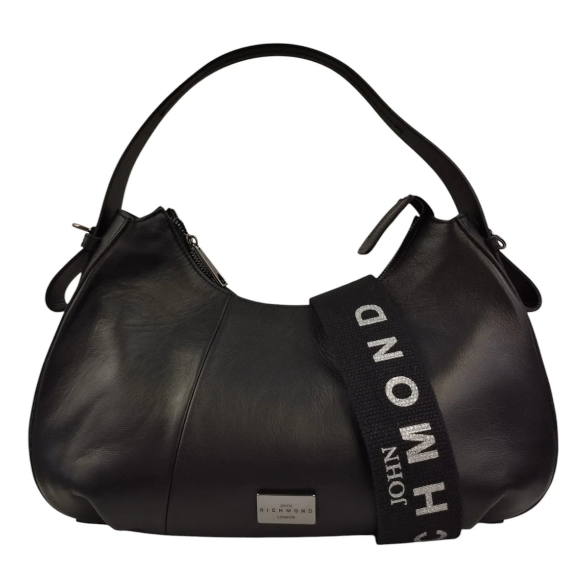 John Richmond Borsa a Spalla L Donna in Pelle Nera e Metalleria Argento con Tracolla in Tessuto Logo