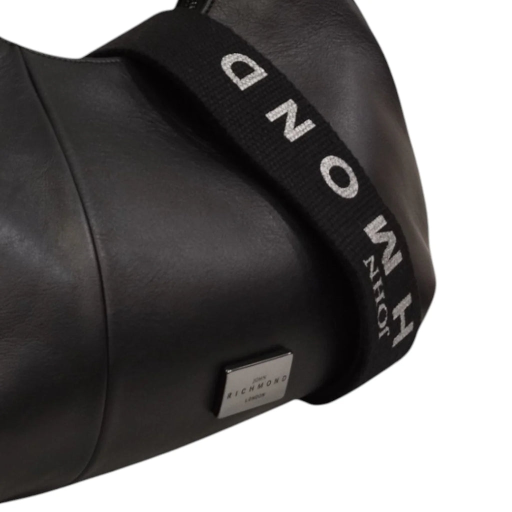 John Richmond Borsa a Spalla L Donna in Pelle Nera e Metalleria Argento con Tracolla in Tessuto Logo