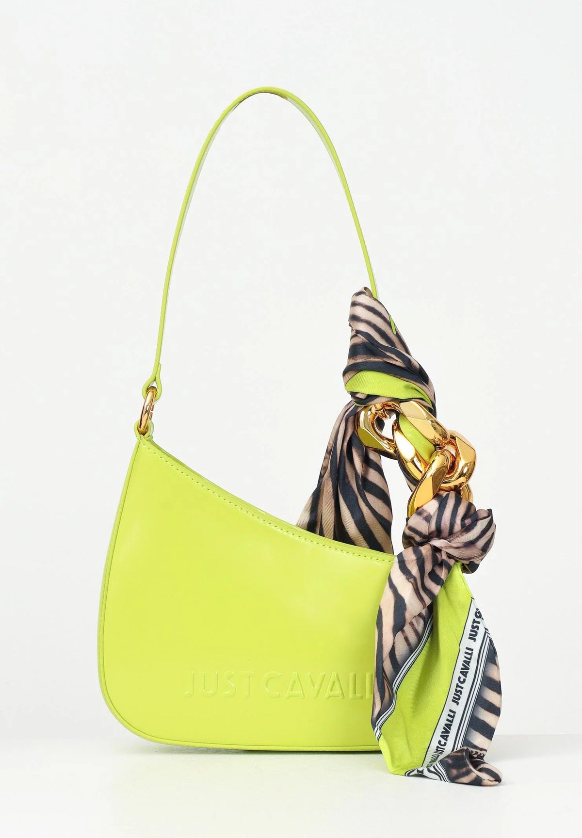 JUST CAVALLI Borsa a spalla asimmetrica verde lime da donna con foulard