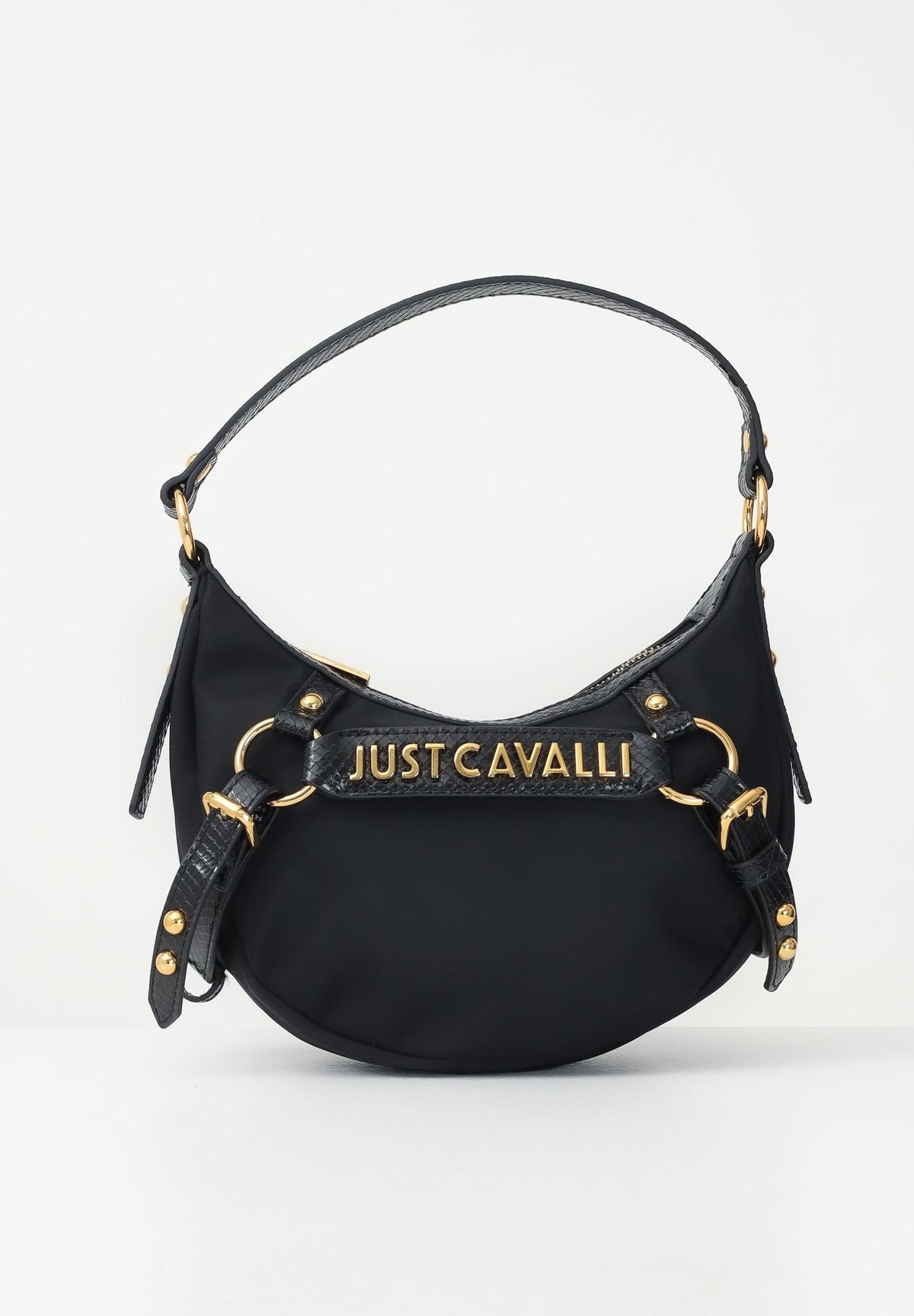 JUST CAVALLI Borsa a spalla nera da donna con dettagli in stampa pitonata e logo